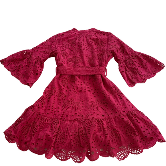 NWT FARM RIO PINK PALM TREE Print Fuchsia Eyelet Ruffle Lace Boho Mini Dress - Picture 6 of 11